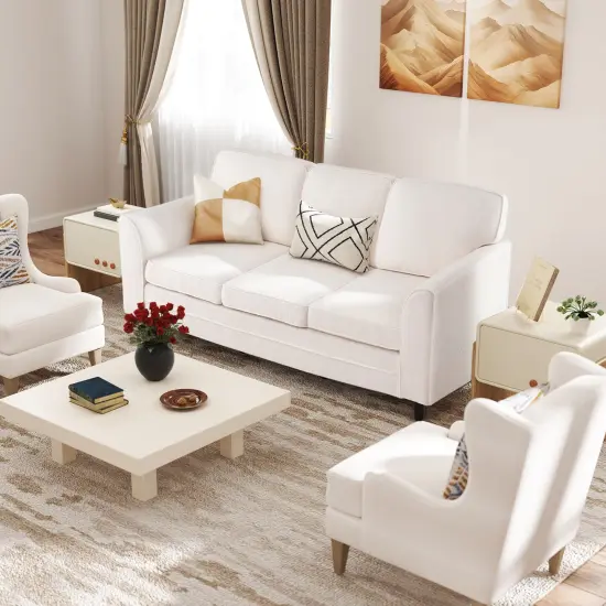 Modern 3-Seater Sofa Couch with Soft Teddy Velvet Ergonomic Cushions Wood Legs for Living Room White {5}