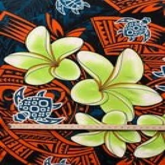 1 Yard Plumeria Turtles Tribal Peachskin Polyester Fabric with Hawaiian Floral Print 44/45 Inch Width Red {4}