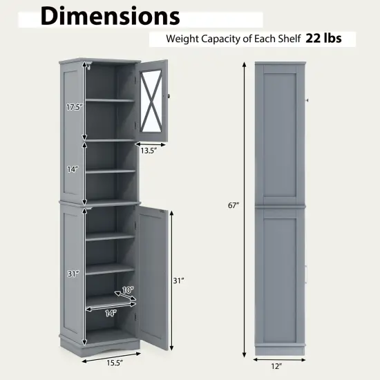 67 Inch Tall Freestanding Bathroom Storage Cabinet with 5 Adjustable Shelves and 2 Open Compartments Gray {5}