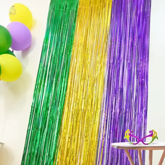 Mardi Gras Party Decorations 2 Pack 3.3 X 6.6 ft Green Gold Purple Metallic Tinsel Foil Fringe Curtains Photo Booth Props Background Decor Backdrop Streamer for Mardi Gras Carnival Birthday {5}
