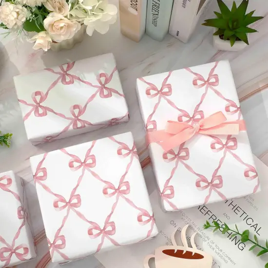 6 Sheets Pink Bow Wrapping Paper -Not Roll- Gift Wrap Paper Folded Flat Large Craft Paper for Birthday Baby Shower Party Supplies, 27.6 x 39.4 Inch {4}