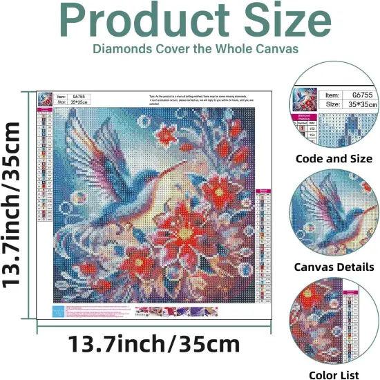 Hummingbird Diamond Art Kits for Adults - Diamond Art Flower Diamond Art Painting Kits for Adults Gem Art Gift Home Wall Decor 14''Lx14''W {2}
