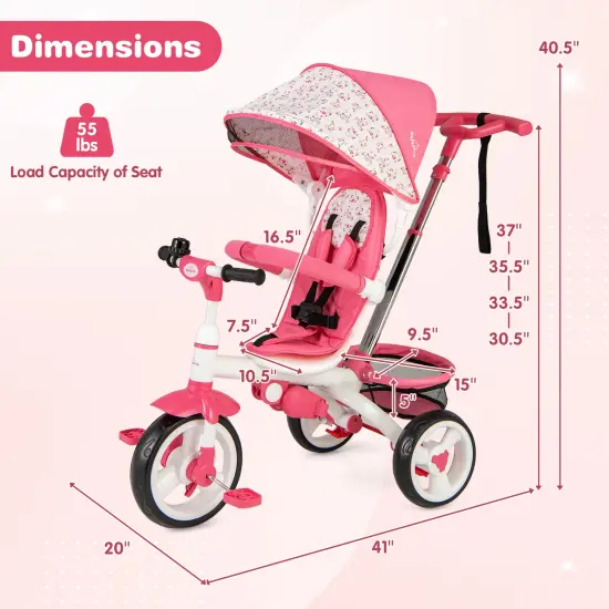 5-in-1 Detachable Baby Stroller Tricycle with Adjustable Sun Protection and Foldable Footrests Pink {4}