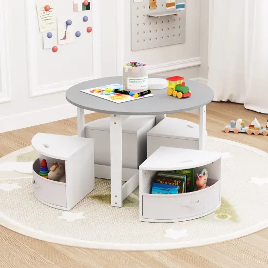 Kids Table Set with 4 Stools, MDF Nesting Design and Storage Bins Grey {3}
