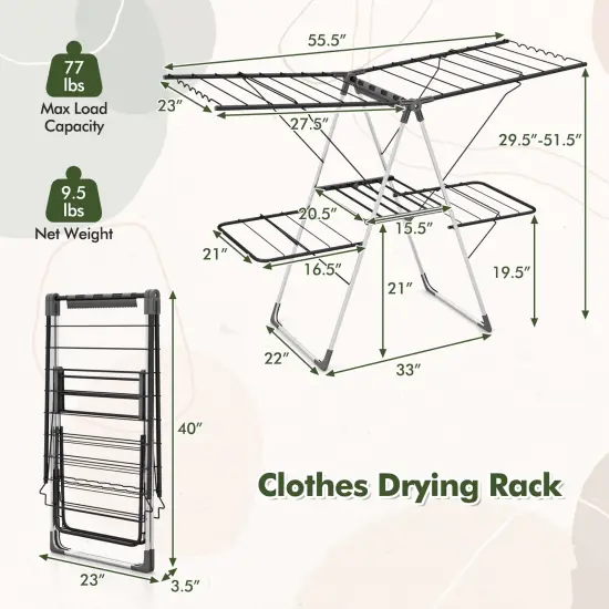 2-Tier 33 Drying Rails Clothes Drying Rack with Height Adjustable Gullwings and Metal Tubes Frame {5}