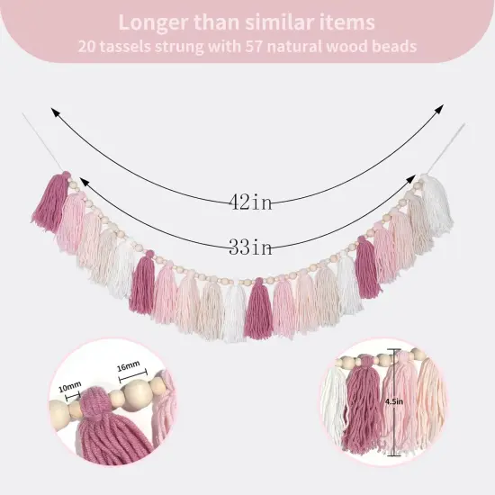 Pink Yarn Tassel Garland Boho Pastel Preppy Bunting Banner Wall Hanging Tassels for Nursery Kids Bedroom Dorm Room Baby Shower Birthday Classroom Office Party Wedding Decor {4}