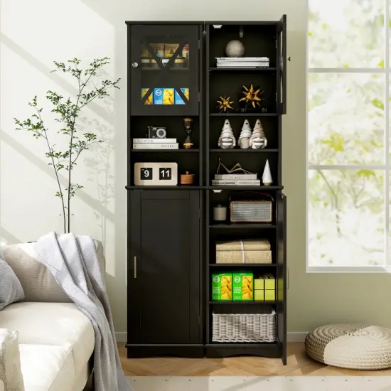 67 Inch Tall Freestanding Bathroom Storage Cabinet with 5 Adjustable Shelves and 2 Open Compartments Black {4}