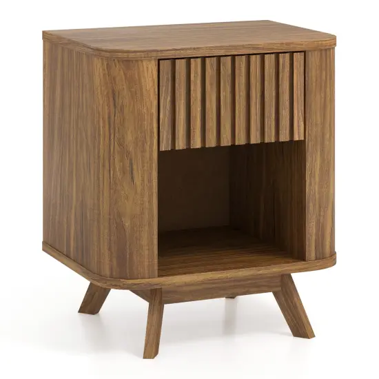 Walnut MDF Nightstand with Drawer and Open Shelf for Bedroom {1}