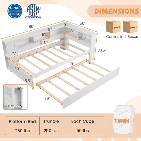 White Solid Wood Twin size Daybed with Trundle, Storage Cubes and Reversible Headboard {4}