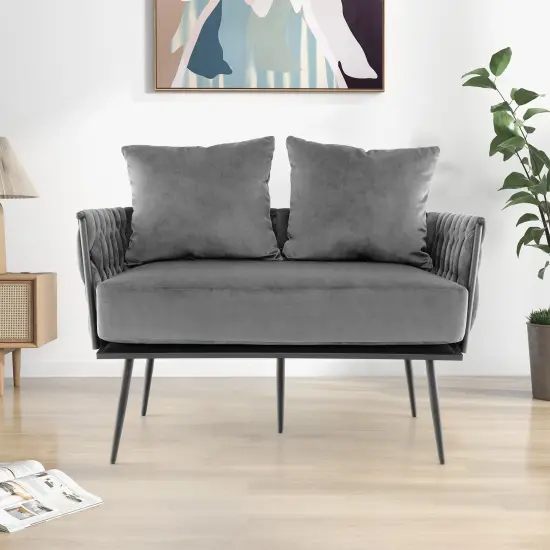 Velvet Woven Loveseat and Cozy 2-Seater Sofa with Metal Legs Gray {2}