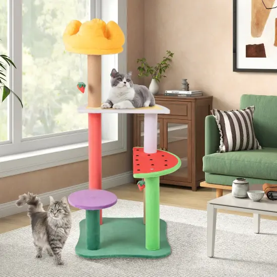 Multi-Color Plush Cat Tree with Scratching Posts and Fruit-Themed Perches {3}