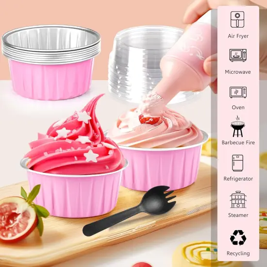 Disposable Ramekins 50 Packs with Lids and Spoons,Mini Cake Pans Round Aluminum Foil Cupcake Baking Cups Muffin Cups Tins,Disposable Cakecup Wrappers Cheesecake Creme Brulee-5 Oz (Pink) {1}