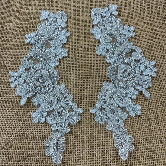 1 Pair 9" x 3" Each Side Beaded & Corded Floral Lace Applique Organza Metallic Silver {1}