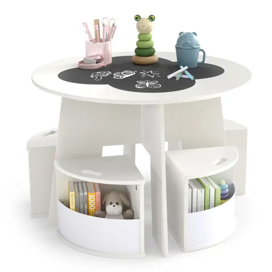 White 5 Pieces Kids Table Set with 4 Storage Stools ideal for Holding Toys, Books or Snacks {1}