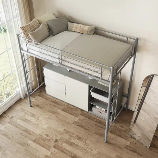 Metal Loft Bed Frame with Dual Ladders, Safety Guardrails and Under-bed Storage Silver {3}