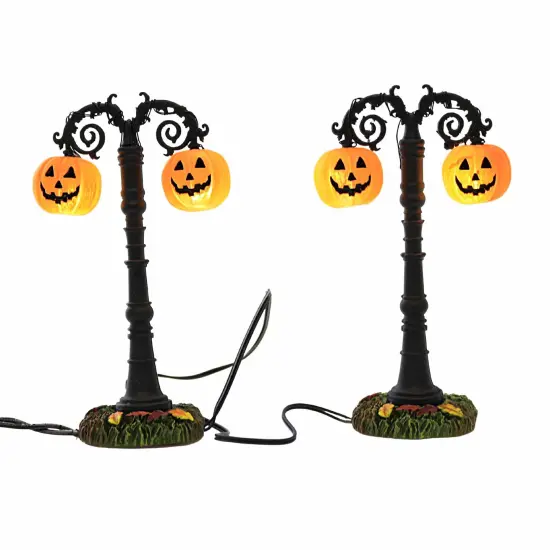 Department 56 Villages 4.25 In Lit Hallow's Eve Street Lamps Halloween Halloween Village , Halloween Decor Jack-O-Lanterns Fall Leaves Multicolored {3}