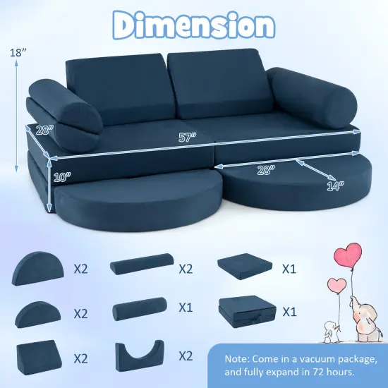 Velvet Suede 13-Piece Kids Modular Play Couch, Soft and Safe Design Blue {4}