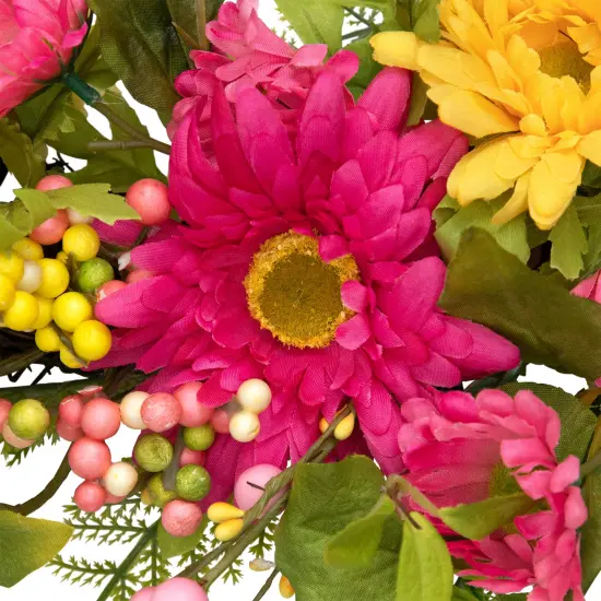Northlight Gerbera Daisy, Berries and Daisy Floral Spring Wreath - 23" - Pink/Yellow {7}