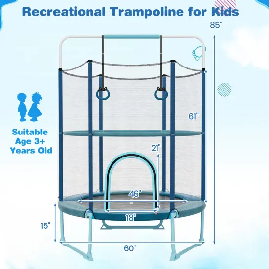 Metal Kids Trampoline with Gymnastic Bar and Safety Net Blue {4}
