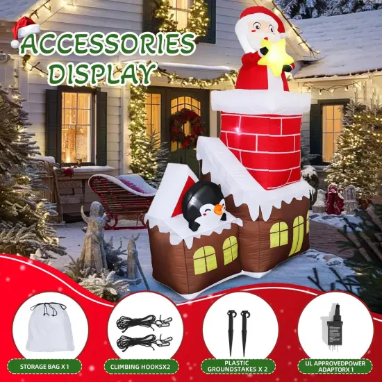 7FT H Lovely Christmas Inflatable Santa in The Chimney of Candy House with Penguin&Star Decorations, Blow up Christmas House with Build-in LED {3}