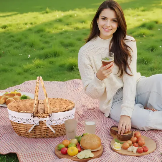 Picnic Basket, Wicker Basket with Lid, Woven Cute Basket with Handle, Storage Basket with Washable Lining & Dual-Flid Lid, Natural Willow Picnic Hamper, White Lining {3}