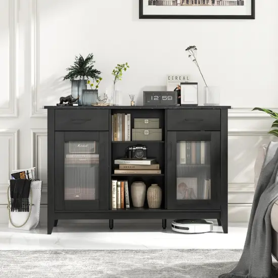 Sideboard Buffet Cabinet with 3 Open Cubes and 4 Adjustable Shelves Ideal for Home Appliances or Decorations Black {2}