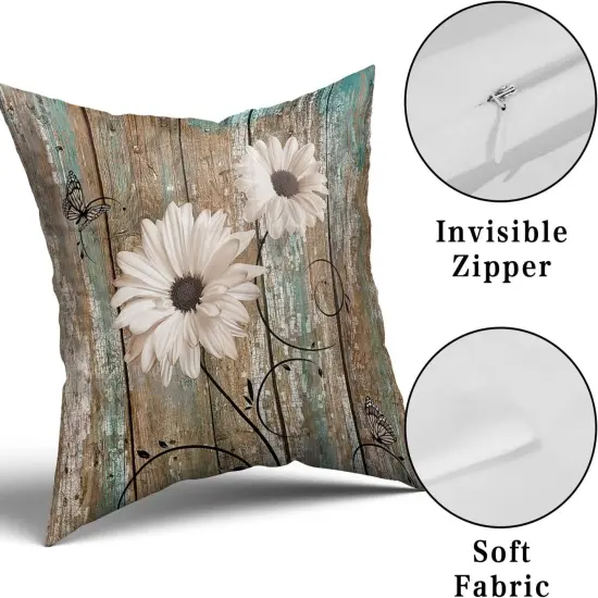 Rustic Daisy Board Pillow Covers 18x18 Inch White Sunflowers on Vintage Style Wood Plank Throw Pillowcases Set of 2 with Hidden Zipper for Couch Cushion Sofa Bedroom Home Decoration {5}