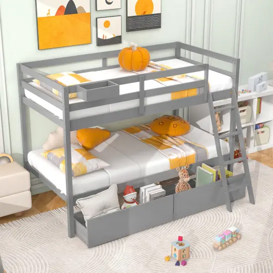 Twin Over Twin Bunk Bed with 2 Storage Drawers and Ladder Pine Wood Gray {2}