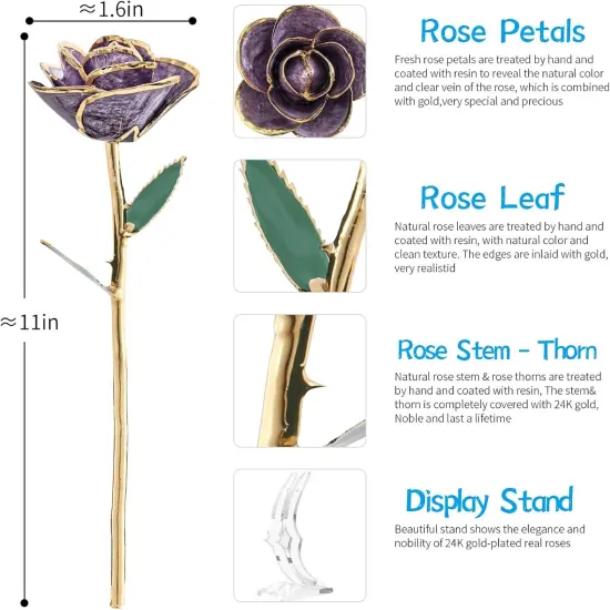 Purple Gold Rose Gifts for Women,24k Gold Dipped Real Rose Lasted Forever with Stand Gift for Mom Her,Christmas,Valentines Day, Mothers Day, Birthday {5}