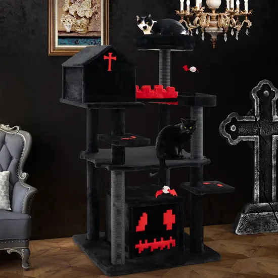 6-Tier Gothic Cat Tree Tower Activity Center with Church-Shaped Condo and Coffin-Shaped Bed {3}