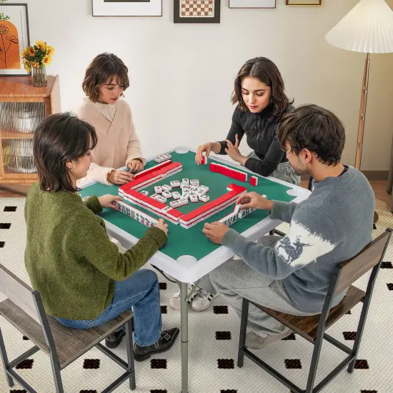 Portable Folding Mahjong Table with Cup Holders and Game Mat Green {2}