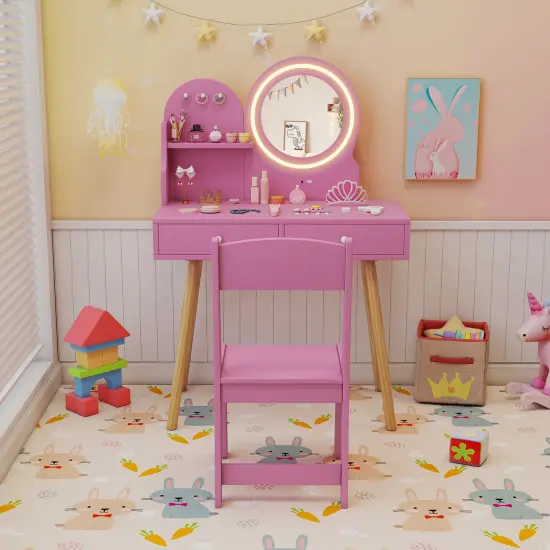 MDF and Pine Wood Kids Princess Dressing Desk with LED Mirror, Storage and Chair Pink {3}