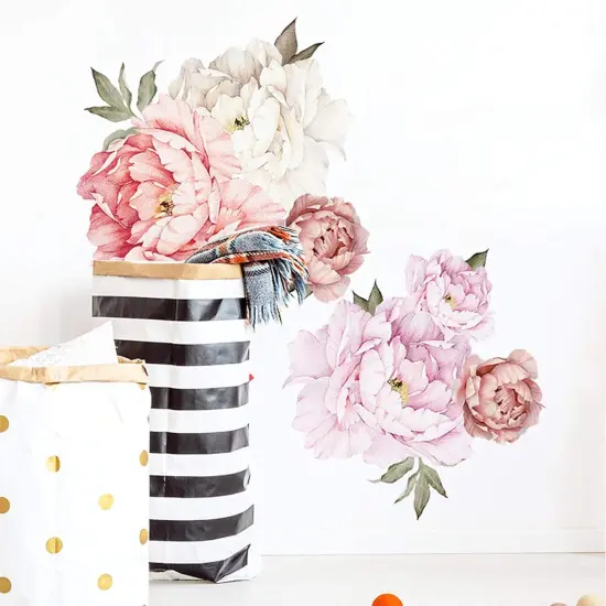 Watercolor Peony Flowers Wall Decals Floral Wall Stickers for Living Room, Delicate White & Pink Flowers Wall Posters Vinyl Blossom Art Applique for Bedroom Girls Room {5}