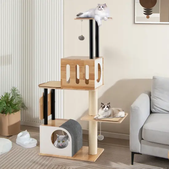 Natural Wood Cat Tree with Dual Condos, Sisal Scratchers and Pompom Toys {2}