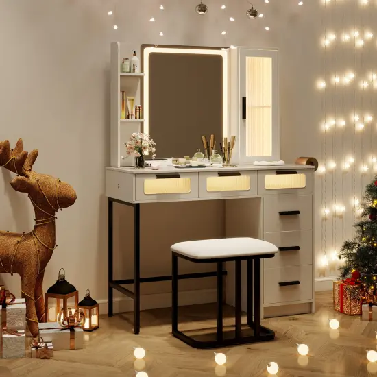 White Vanity Set with LED Sliding Mirror, Charging, & Large Storage {2}