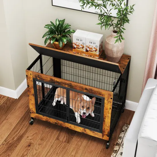 Rustic Brown Flip-up Top Dog Kennel with Removable Tray and 3 Lockable Doors {3}