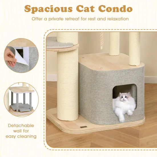 63 Inch Tall Wooden Cat Tree Tower with Soft Padded Cushion Platforms and Full-Wrapped Scratching Posts {6}