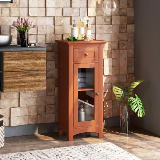 MDF Storage Cabinet with Glass Door, Drawer and Adjustable Shelf Brown {2}