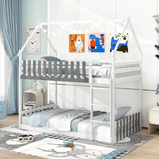 Pine Wood House Bunk Bed, Twin Over Twin, Sturdy Frame and Safe Ladder White {2}