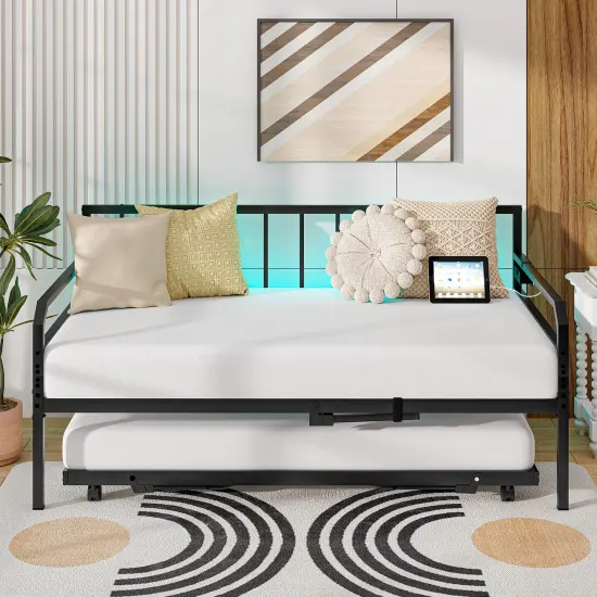 Adjustable Twin Daybed with Pop-Up Trundle, LED Lights and Power Strip Black {2}