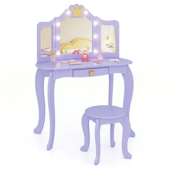 MDF and Acrylic Kids Vanity Set with Tri-Fold Mirror, LED Lights and Storage Purple {4}