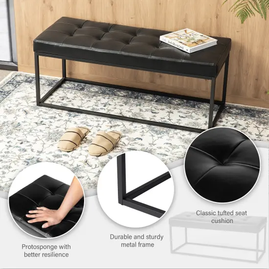 Modern Black Tufted Upholstered Bench with Metal Frame Legs {4}