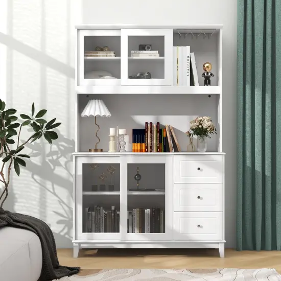 Kitchen Pantry Storage Cabinet with 2 Compartments with Doors and LED Lights and Power Outlet White {3}