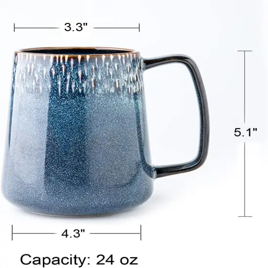 Large Ceramic Coffee Mug, 24 oz Big Tea Cup with Large Handle, Vintage Coffee Cup for Office and Home, Dishwasher and Microwave Safe, Blue {3}