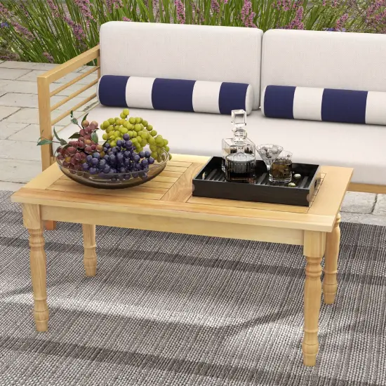 Natural Teak Wood Patio Coffee Table with Slatted Top, Carved Legs and Versatile Use {3}