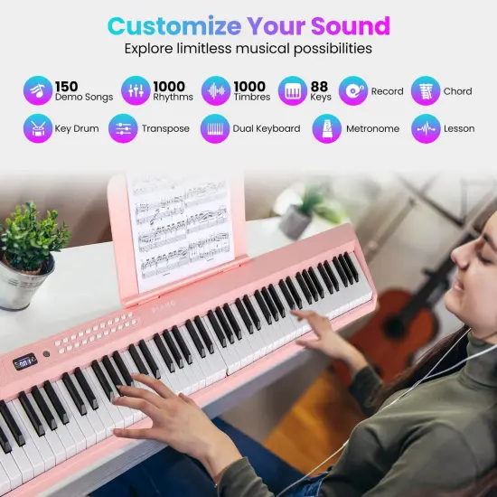 88 Key Foldable Electronic Keyboard Piano with Wireless MIDI Suitable for Kids, Teenagers and Adult Pink {6}