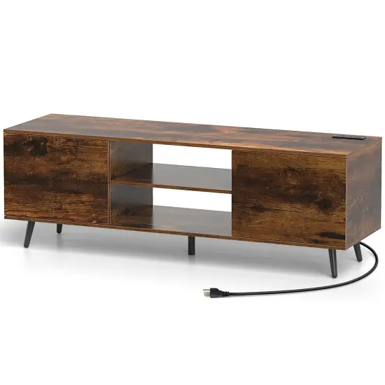 Media Console Table with 2 Side Cabinets with Doors and 3-Position Adjustable Shelf Black {8}