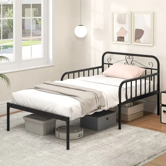 Twin Size Extendable Metal Daybed with Guardrails and Armrests Black {6}