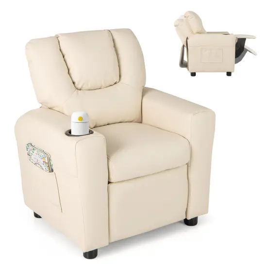 Sponge PU Wood PP Kids Recliner Chair with Adjustable Backrest, Footrest and Firm Cushion Beige {10}