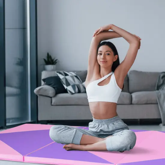 4-Panel PU Leather Folding Exercise Gym Mat with Carrying Handles and Removable Zippered Cover Pink & Purple {1}